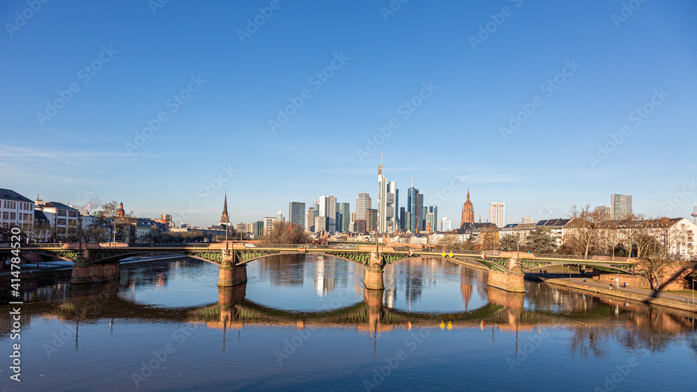 View on Frankfurt skyline over river Main in the morning light