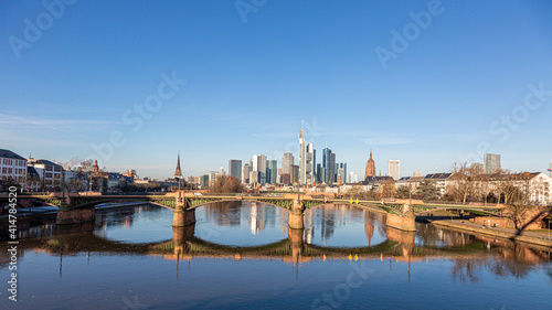 View on Frankfurt skyline over river Main in the morning light