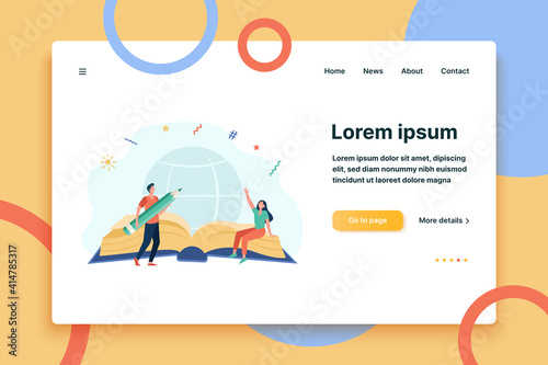 Tiny happy characters in front of giant book. Pencil, globe, worldwide flat vector illustration. Education and study concept for banner, website design or landing web page