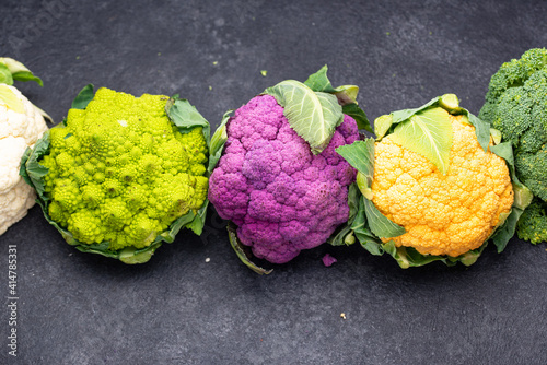 Purple, yellow, white and green color cauliflowers