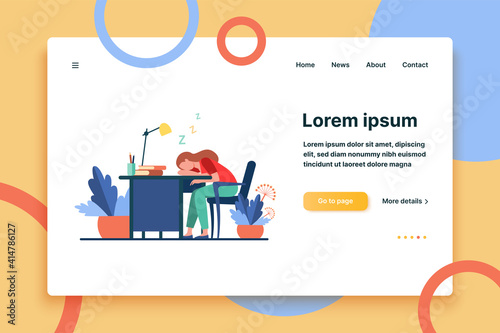 Tired woman sleeping during work at table. Desk, exhaustion, employee flat vector illustration. Workplace and occupation concept for banner, website design or landing web page