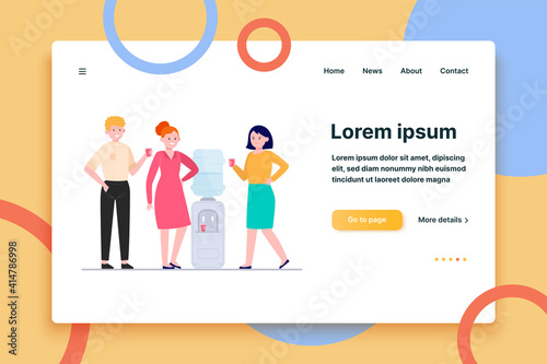 Positive people drinking water at cooler. Office colleagues, chatting, break flat vector illustration. Beverage, refreshment, watercooler concept for banner, website design or landing web page