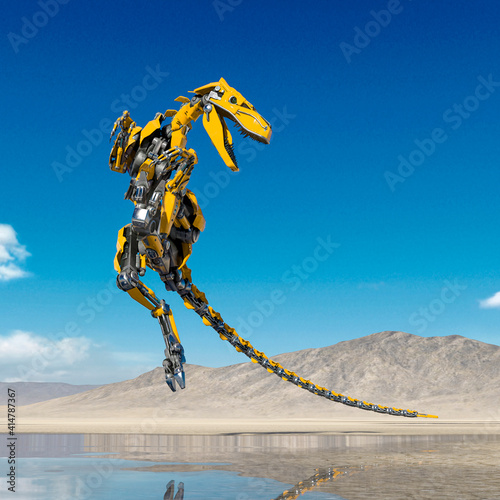 cyber raptor is doing an air support pose on the desert after rain close up view