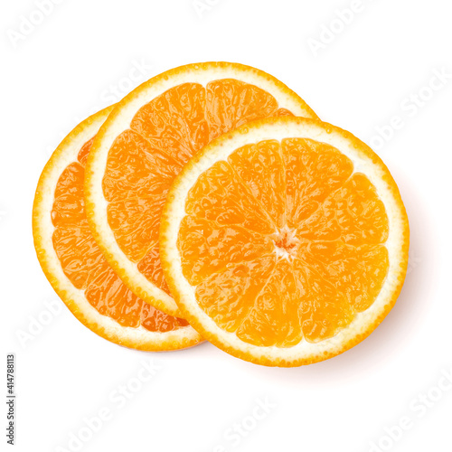 Orange fruit slice  isolated on white background closeup. Food background. Flat lay, top view.