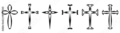 Vector collection of black ink or paint religion or faith cross symbol set isolated on white background. Abstract christian religious belief or faith art illustration for orthodox or catholic design