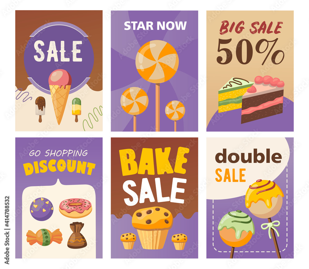 Big sale brochure designs with delicious pastry and sweets. Bright promotion for candy store. Tasty food and confectionery concept. Promotional template for advertising leaflet or flyer