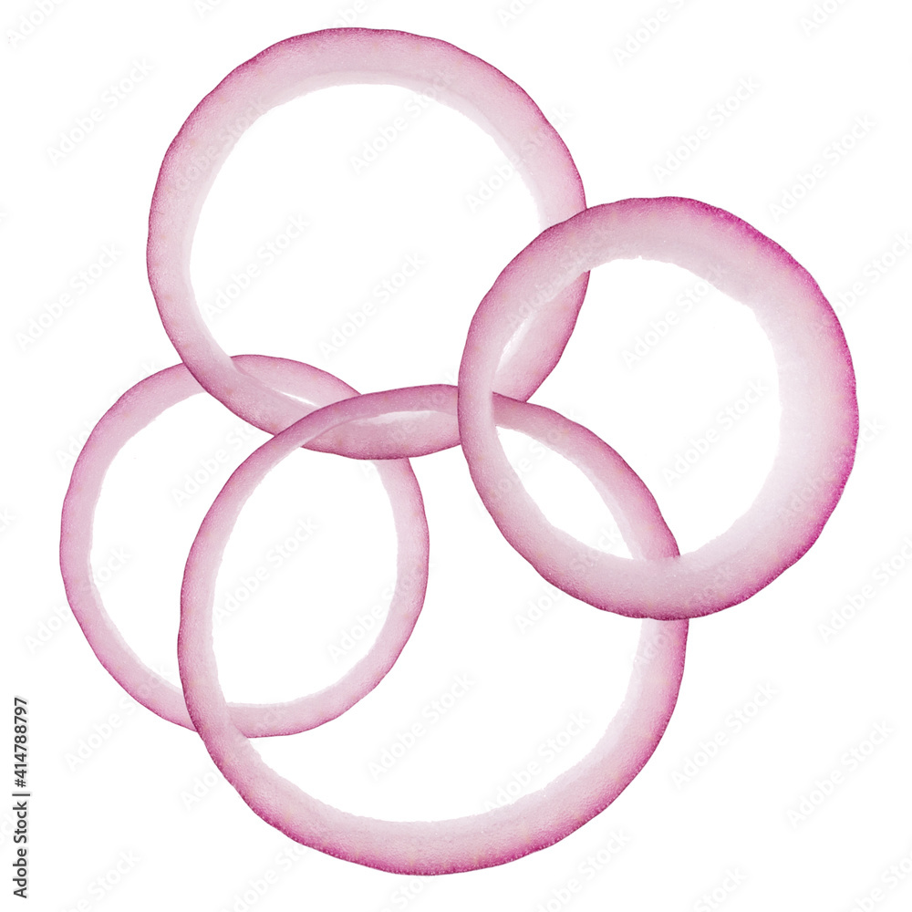 red onion slices isolated on white background. Top view. Flat lay. Red onion slice in air, without shadow. red onion slices isolated on white background. Top view. Flat lay. Red onion slice in air, without shadow.