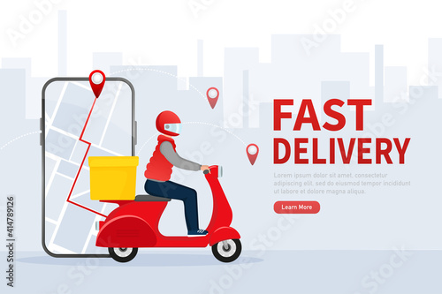 Fast delivery in flat style. Food delivery service. The courier rides a motorbike with the goods.