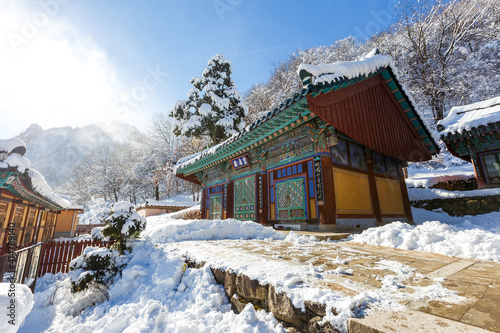 Alpencia, South Korea, 2016, winter - Buddhist monastery among the snowy forest in the winter taiga. Beautiful and uninhabited territory of a Buddhist monastery in the snow