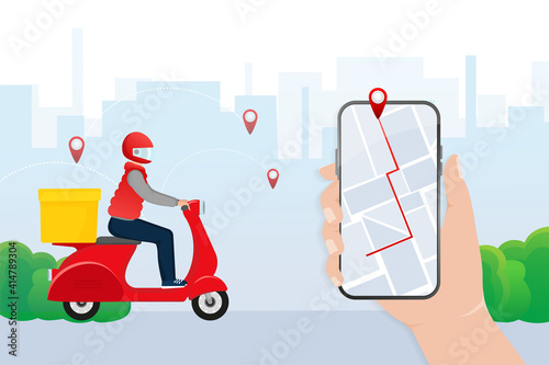 Fast delivery in flat style. Food delivery service. The courier rides a motorbike with the goods.