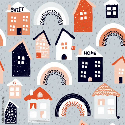 Seamless pattern with cute houses. Vector hand drawn illustration.