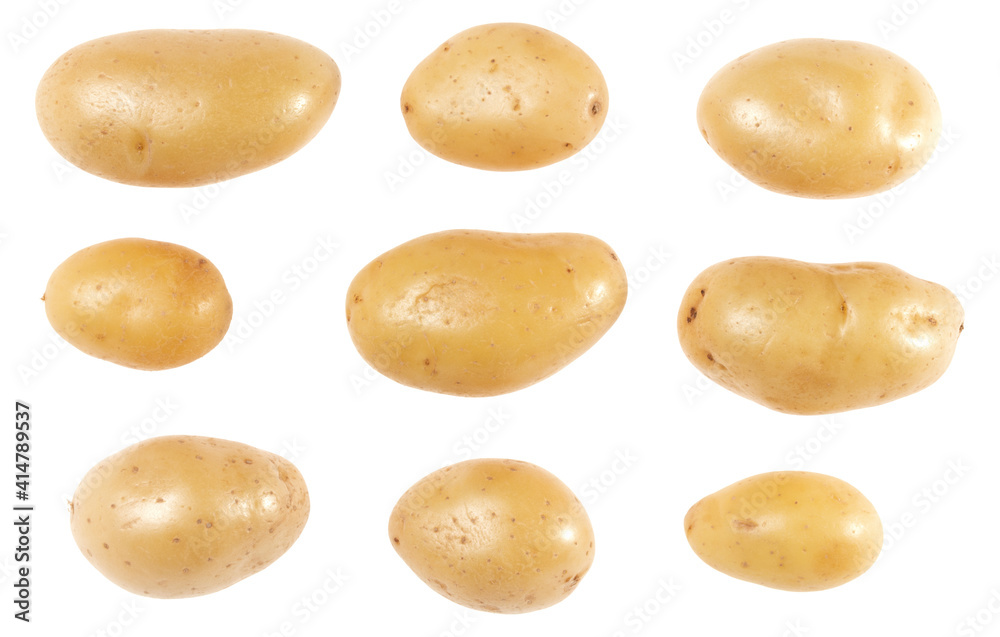 Potatoes set isolated on white background. Top view. Flat lay pattern. Potatoes in air, without shadow.