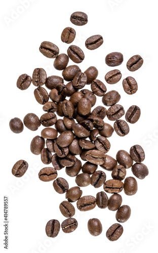 Coffee beans isolated on white background. Top view. Flat lay. Coffee beans flow in air, without shadow.