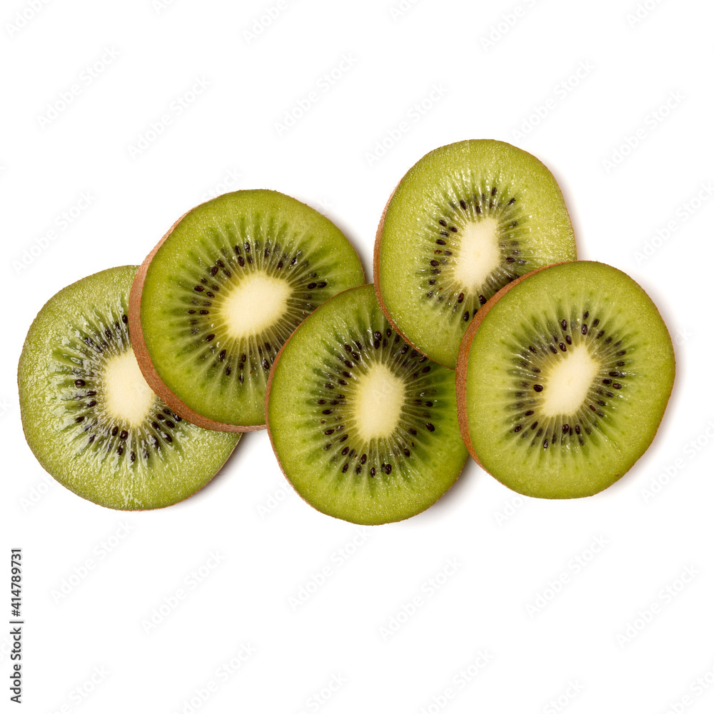 Fototapeta premium kiwi fruit slices isolated on white background closeup. Kiwifruit slices flatlay. Flat lay, top view.