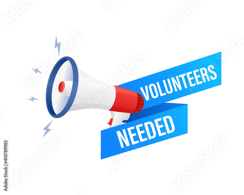 Blue volunteers needed megaphone on white background for flyer design. Vector illustration in flat style.