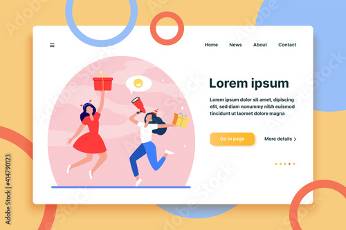 Two cheerful women celebrating and jumping with gifts. Present, loudspeaker, fun flat vector illustration. Promotion and advertising concept for banner, website design or landing web page