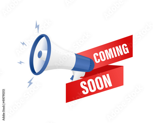 Coming soon megaphone on white background for flyer design. Vector illustration in flat style.