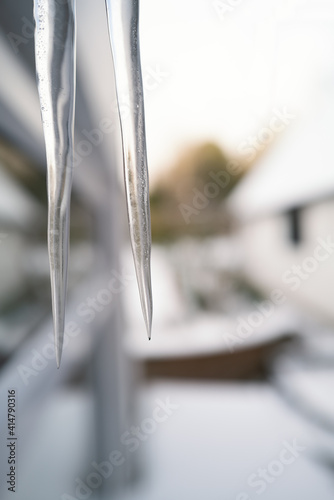 Two large icicles hanging down. A snow covered out building and garden can be seen in soft focus in the background
