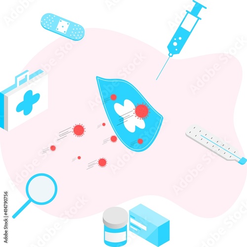Vaccination concept. Immunization campaign. COVID-19 Virus Vaccine shot. Health care and protection. Medicine and syringe with a vaccine bottle protection shield and virus. Medical treatment icons.