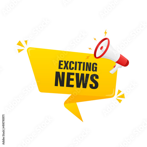 Exciting news. Vector flat illustration with megaphone on white background.