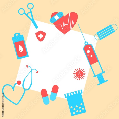 Vaccination concept. Immunization campaign. COVID-19 Virus Vaccine shot. Health care and protection. Medicine and syringe with a vaccine bottle protection shield and virus. Medical treatment icons.