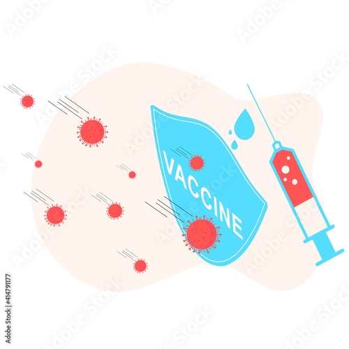Vaccination concept. Immunization campaign. COVID-19 Virus Vaccine shot. Health care and protection. Medicine and syringe with a vaccine bottle protection shield and virus. Medical treatment icons.