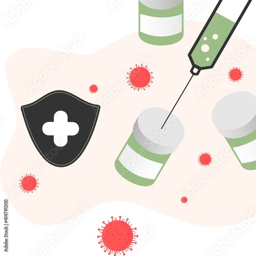 Vaccination concept. Immunization campaign. COVID-19 Virus Vaccine shot. Health care and protection. Medicine and syringe with a vaccine bottle protection shield and virus. Medical treatment icons.
