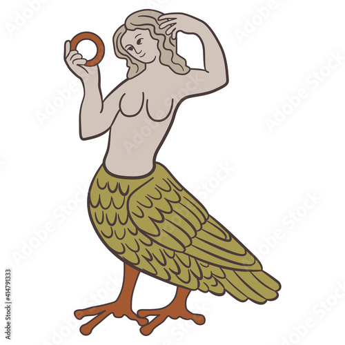 Fantastic mythological creature. Siren. Half bird half woman. Medieval motif. Isolated vector illustration.