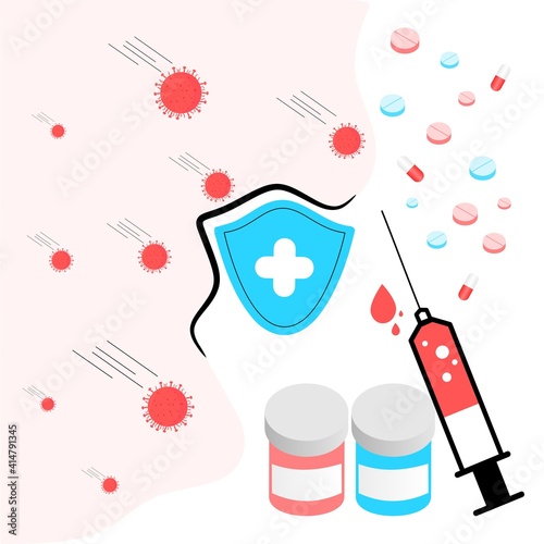Vaccination concept. Immunization campaign. COVID-19 Virus Vaccine shot. Health care and protection. Medicine and syringe with a vaccine bottle protection shield and virus. Medical treatment icons.