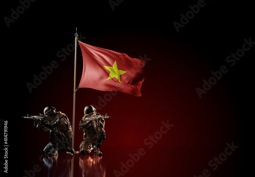 Concept of military conflict. Waving national flag of Vietnam. Illustration of coup idea. Two soldier statue guards defending the symbol of country against red wall