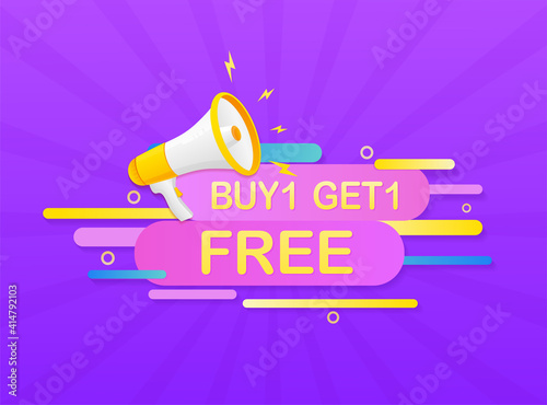 Buy one get one free megaphone on white background for flyer design. Vector illustration in flat style.