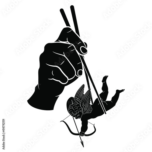 Human hand holding god of love baby Cupid with chopsticks. Devouring or consuming love. Creative funny romantic concept. Black and white silhouette.