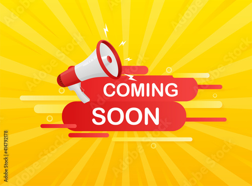 Coming soon megaphone on white background for flyer design. Vector illustration in flat style.