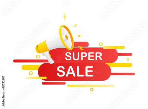 Super sale. Badge, stamp with megaphone icon. Flat vector illustration on white background.