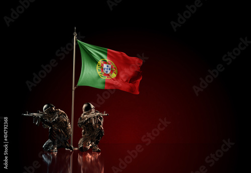 Concept of military conflict. Waving national flag of Portugal. Illustration of coup idea. Two soldier statue guards defending the symbol of country against red wall
