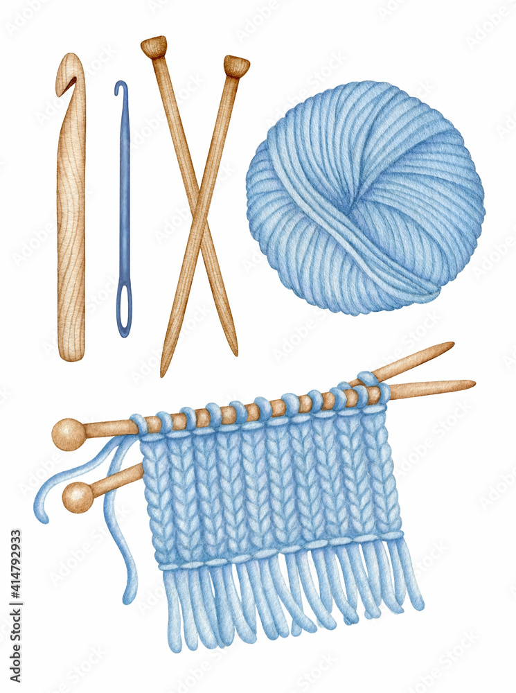 Watercolor Knitting, Crocheting tool set. Wooden Knitting needles, Crochet  Hook, Wool Yarn Skein, Knitted fabric in progress. Hand drawn elements  isolated for Handmade, Knitters store, label, emblem Stock Illustration |  Adobe Stock