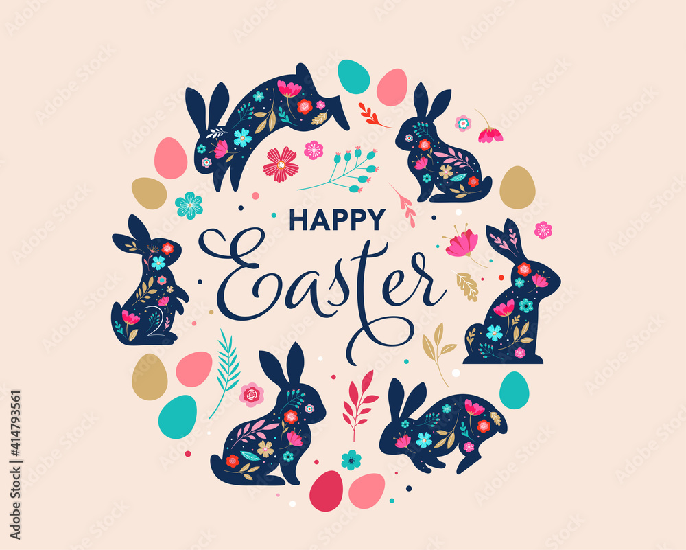 Fototapeta premium Happy Easter, decorated easter card, banner. Bunnies, Easter eggs, flowers and basket. Folk style patterned design. 