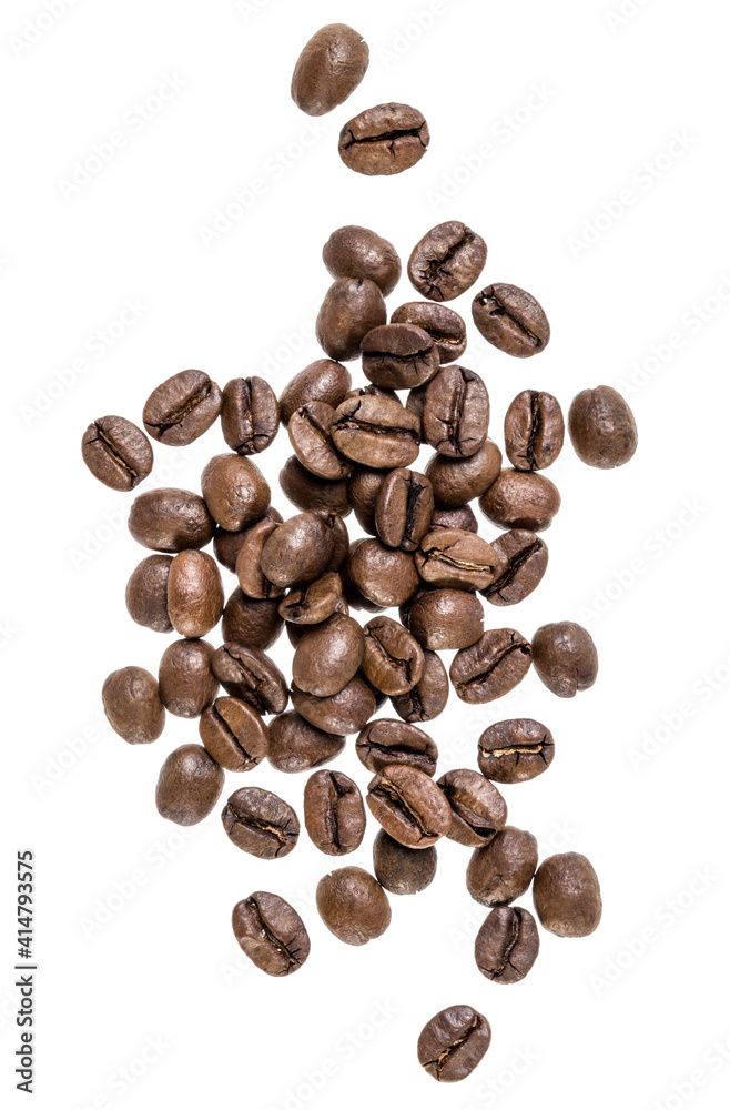 Coffee beans isolated on white background. Top view. Flat lay. Coffee beans flow in air, without shadow. Coffee beans isolated on white background. Top view. Flat lay. Coffee beans flow in air, without shadow.