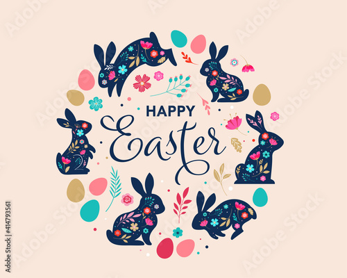 Happy Easter, decorated easter card, banner. Bunnies, Easter eggs, flowers and basket. Folk style patterned design. 