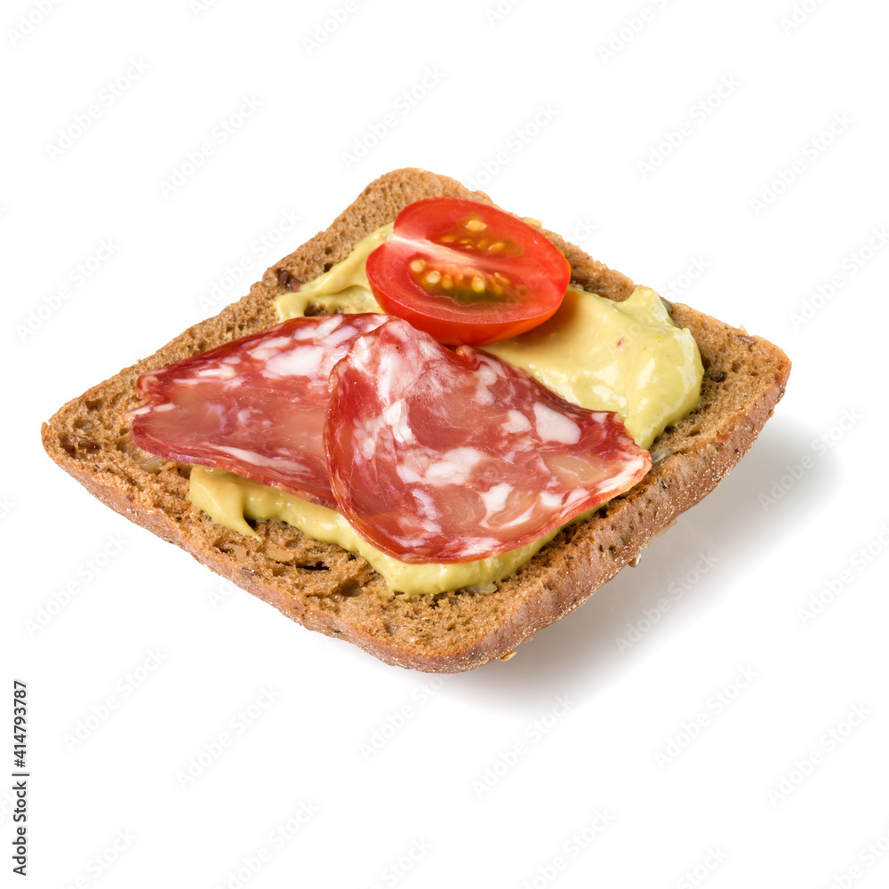 Canape with salami. Open faced sandwich crostini isolated on white background closeup. Appetizer tartarine. Canape with salami. Open faced sandwich crostini isolated on white background closeup. Appetizer tartarine.