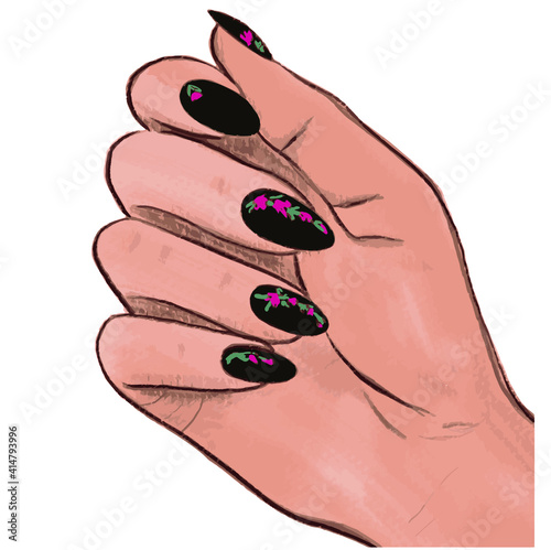 Female hand with beautiful manicure fashionable nail design. Black nail polish. Manicure symbol. Vector illustration.For cards, posters, stickers and professional design.