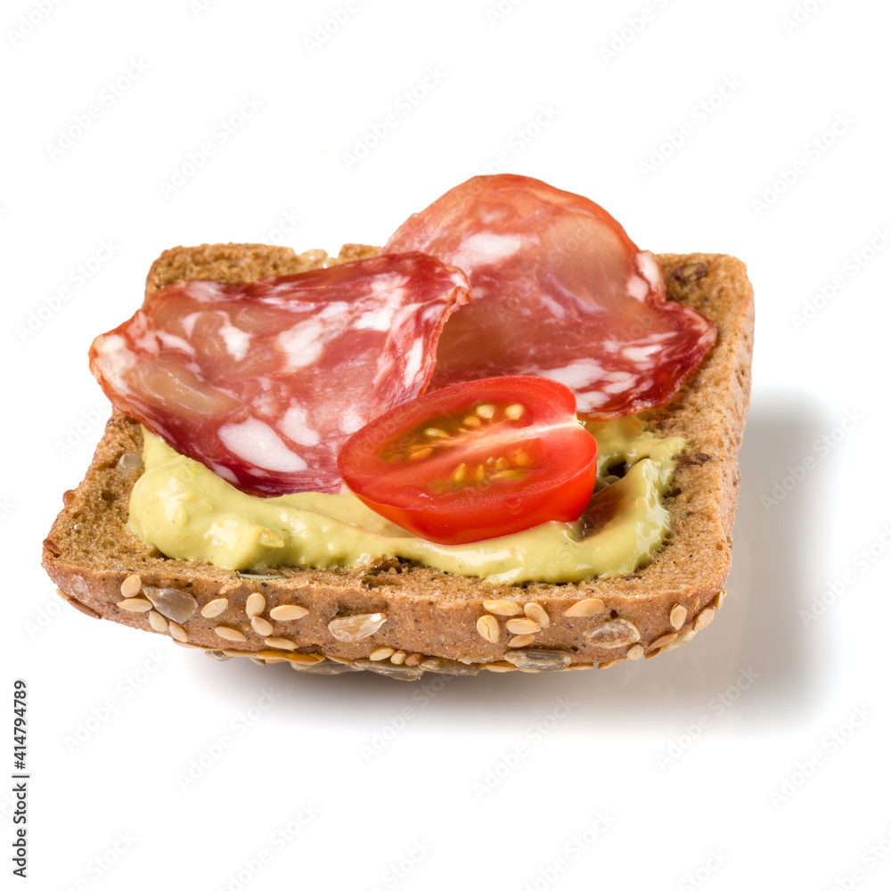 Canape with salami. Open faced sandwich crostini isolated on white ...