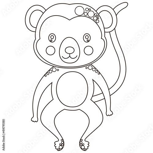 A black and white cute toy spider monkey. An African anima outline for nursery decor, printing on clothes, coloring page or book, digital stamp. Vector. photo