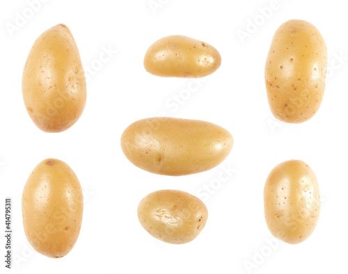 Potatoes set isolated on white background. Top view. Flat lay pattern. Potatoes in air  without shadow.