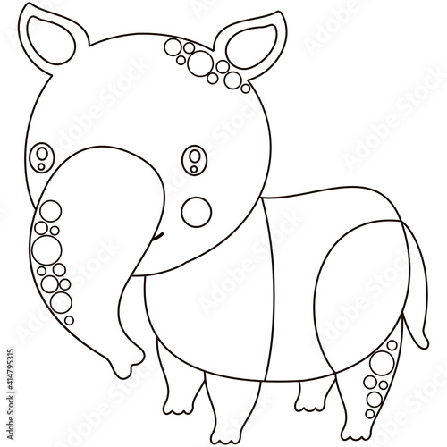 Cute black and white cartoon tapir character. Isolated illustration of an African animal. For children's graphic design, coloring book or page, nursery. Vector.