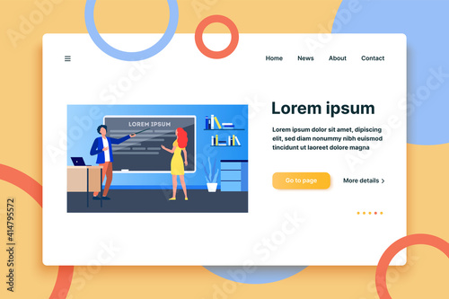 Teacher explaining task to student. Man pointing at blackboard, showing text sample flat vector illustration. Education, class, studying concept for banner, website design or landing web page