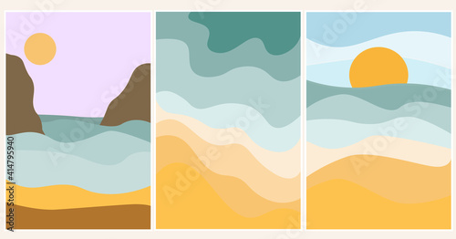 Set of summer abstract content modern landscape poster banner illustration, background in yellow and blue colors. Sandy beach, mountains, beach on the sea, ocean. Vector graphics
