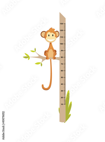Wall meter with little monkey. Sticker for measuring height kids. Funny vector cartoon illustration for children