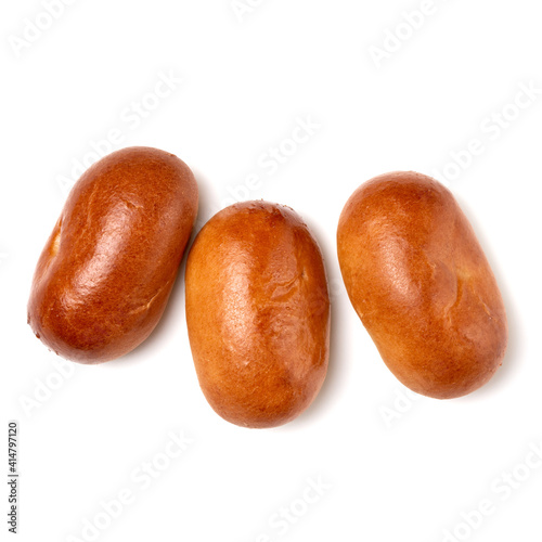 Homemade pasty, Russian stuffed pastry. Pirozhki isolated on white background. Flat lay, top view. photo