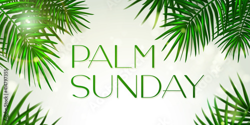 Palm Sunday - greeting banner template for Christian holiday, with palm tree leaves background. Congratulations with first day in Holy Week and symbol of triumphal entry into Jerusalem